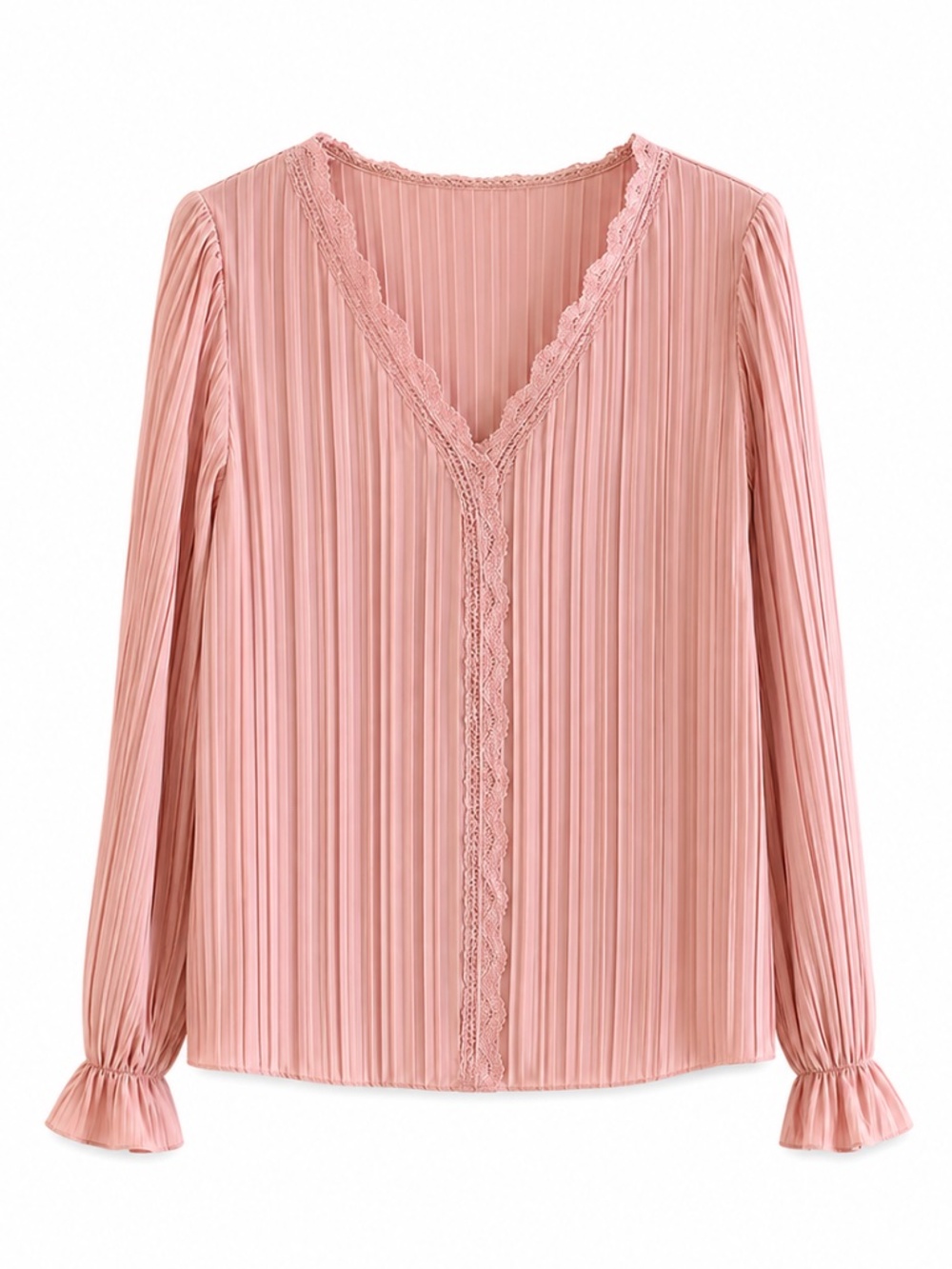 4/$20➡️ Soft Pink Pleated Blouse Lace Trim & Flouncy Sleeves – Size Large NWoT
